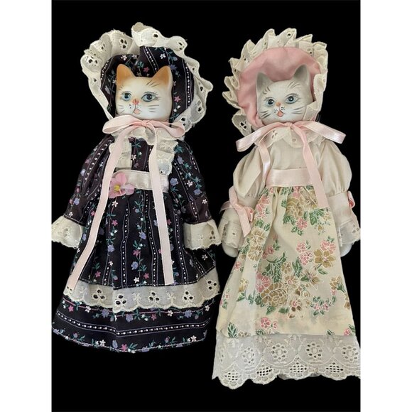 Porcelain Bisque Cat Head Dolls 8" & 9" Rare Lot of 2 Vintage